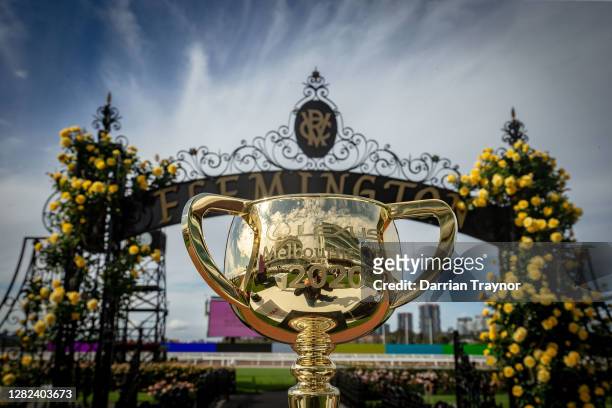 The Melbourne Cup trophy is seen during the Melbourne Cup Carnival launch at Flemington Racecourse on October 27, 2020 in Melbourne, Australia.