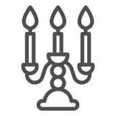 Antique candlestick with burning candles line icon, room decor concept, candelabrum sign on white background, rarity candlestick icon in outline style for mobile concept. Vector graphics.