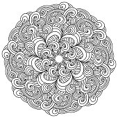 Contour antistress mandala with many curls and linear arches, zen coloring page with ornate patterns