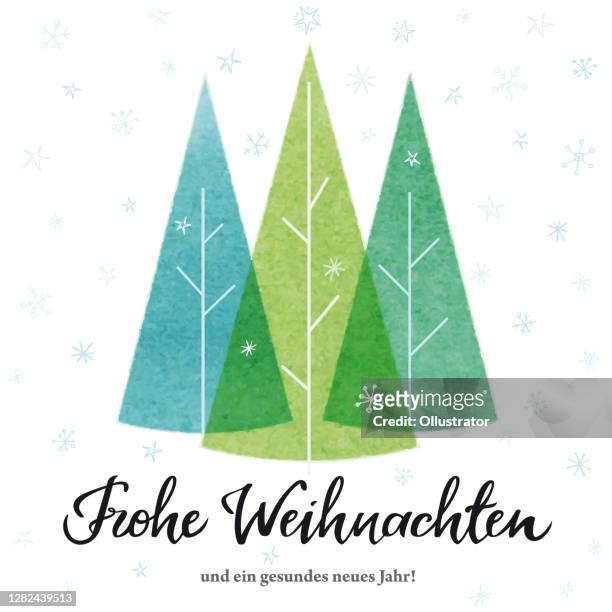 "frohe weihnachten" karte in deutscher sprache mit weihnachtsbäumen. vektor-illustration. - german culture stock-grafiken, -clipart, -cartoons und -symbole