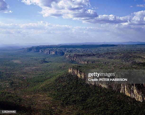 aerial view of escarpment in kakadu np landscape, nt, australia - kakadu foto e immagini stock