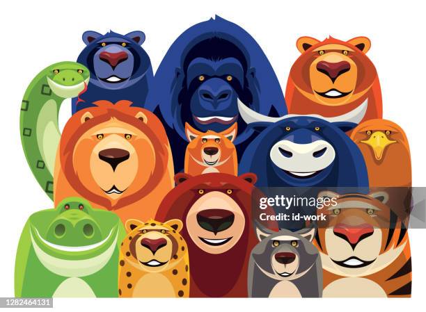 gruppe fröhlicher wildtiere sammeln sich - lion head illustration stock-grafiken, -clipart, -cartoons und -symbole