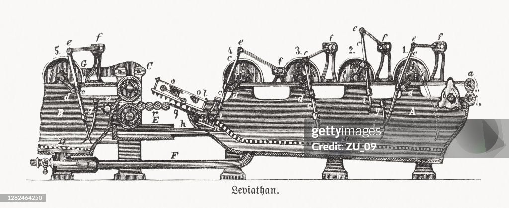 Historisk tvättmaskin "Leviatan", trägravyr, publicerad 1893
