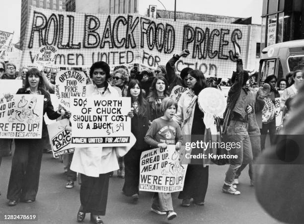 Women and children marching to protest the rise of food prices in New York City, US, 7th April 1973.