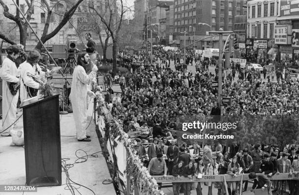 Band performs in front of a large crowd during the Earth Day celebrations in New York City, US, 22nd April 1970.