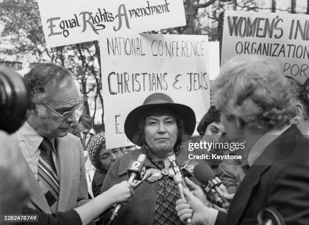 American lawyer, U.S. Representative, social activist and a leader in the women's movement Bella Abzug interviewed by the press at a Equal Rights...