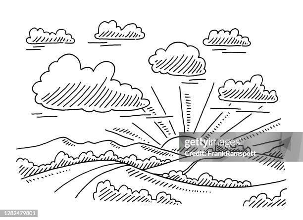rural landscape sundown drawing - sunset clouds stock illustrations