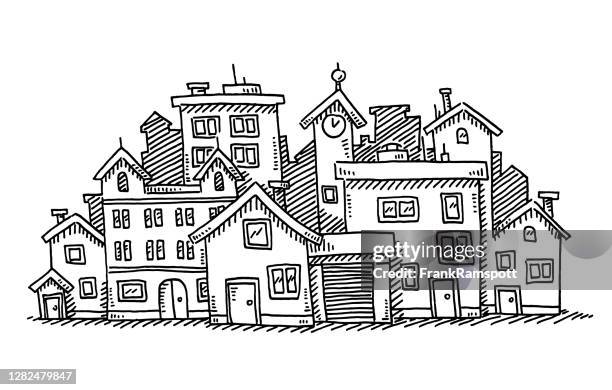 illustrazioni stock, clip art, cartoni animati e icone di tendenza di cartoon city gruppo di edifici disegno - black white cartoon drawings