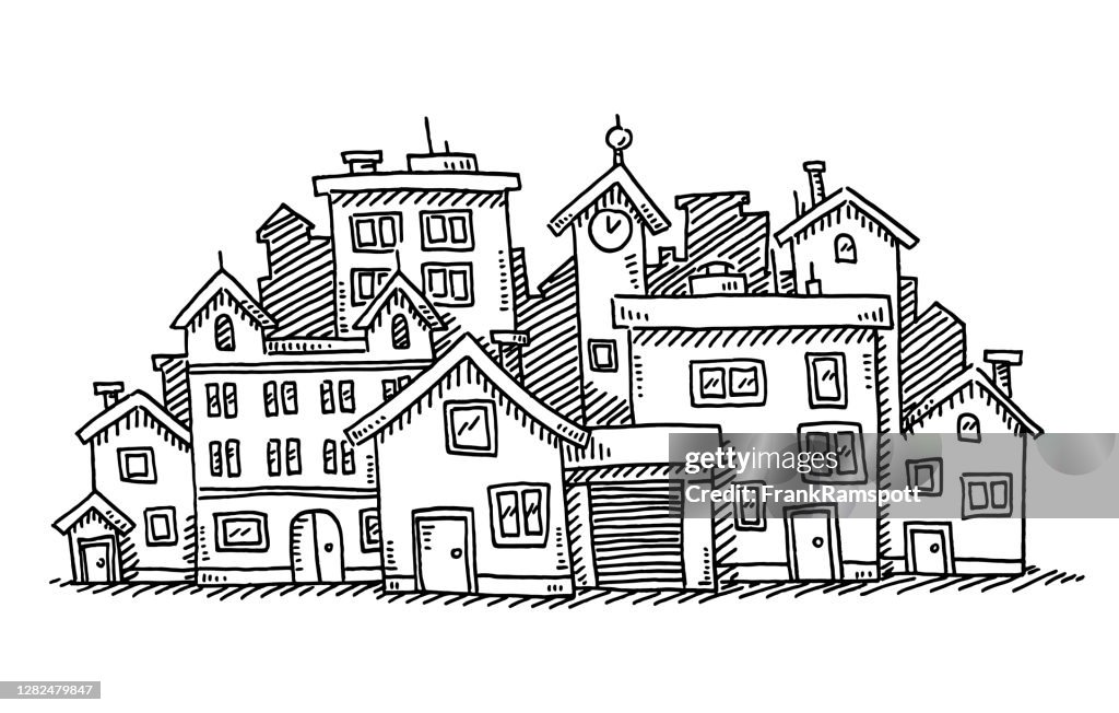 Cartoon City Group Of Buildings Drawing