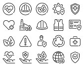 Health safety environment icons. Occupational security preventive, medical insurance, air pollution protection warning hazard, vector set