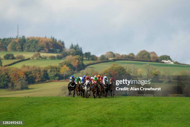 General view as runners drop down the hill towards bend and the back straight at Chepstow Racecourse on October 27, 2020 in Chepstow, Wales. Owners...