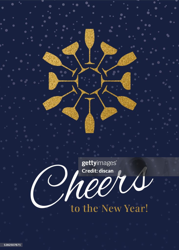 New Year Greeting card with champagne and cheers.