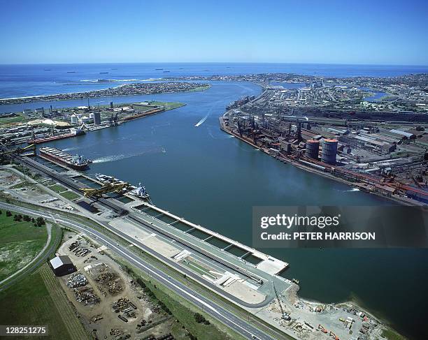 aerial view of newcastle harbour & docks, nsw - newcastle new south wales bildbanksfoton och bilder