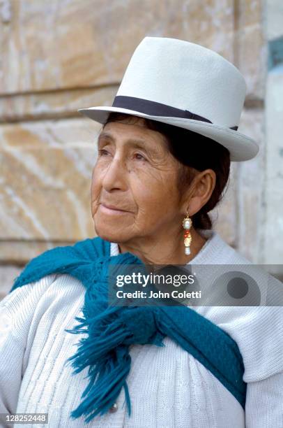 cuenca / ecuador / panama hat and shawl distingushes this indigenous woman's ethnicity and traditions - cuenca stock pictures, royalty-free photos & images