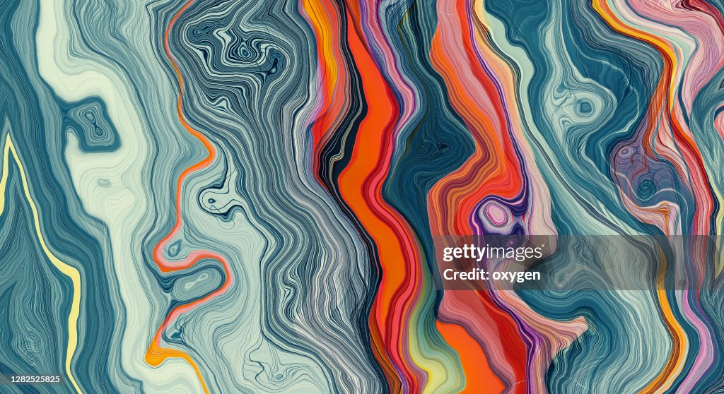 Abstract Marble Waves Acrylic Background. Gray Orange Marbling Texture. Agate Ripple Pattern.