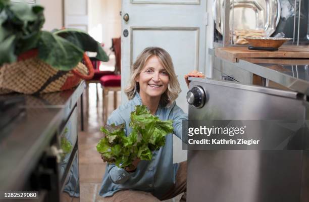 smiling woman unpacking shopping bag and putting groceries in the fridge - white refrigerator stock pictures, royalty-free photos & images