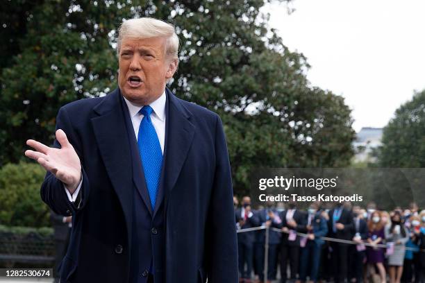 President Donald Trump talks to members of the media outside of the White House on October 27, 2020 in Washington, DC. President Trump and First Lady...