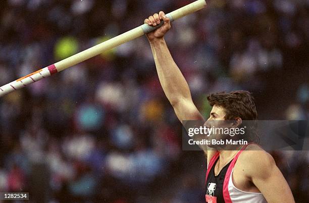 Sergey Bubka of the Soviet Union prepares for his run up during the Mens Pole Vault event of the Zurich Grand Prix at the Letzigrund Stadium in...