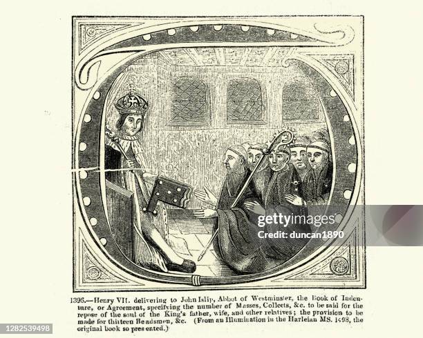 stockillustraties, clipart, cartoons en iconen met henry vii leveren aan john islip, abt van westminster, boek van indenture - koning hendrik vii van engeland