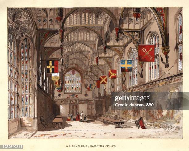 tudor great hall of hampton court palace, 16th century architecture - surrey england stock illustrations