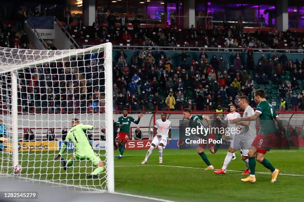 Anton Miranchuk of Lokomotiv Moscow scores his team's first goal during the UEFA Champions League Group A stage match between Lokomotiv Moskva and FC...