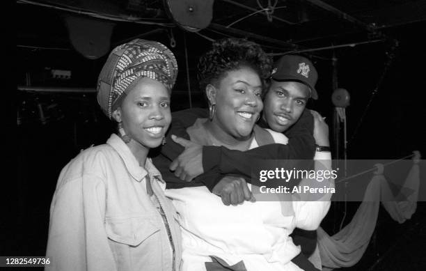 Rappers Harmony, Ms. Melodie and DJ D-Nice of Boogie Down Productions attend an album release party for Kool Moe Dee's "Funke, Funke Wisdom" on June...
