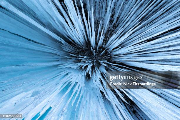 looking up at hanging icicles at panther falls, banff national park, alberta, canada - icicles foto e immagini stock