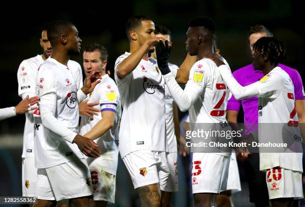 Ismaila Sarr of Watford FC celebrates scoring his teams first goal during the Sky Bet Championship match between Wycombe Wanderers and Watford at...