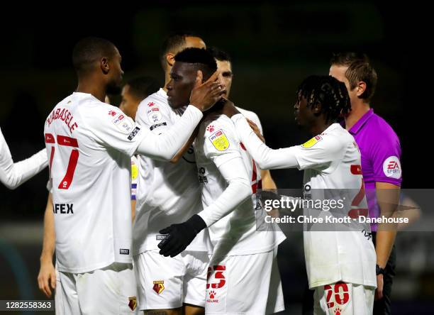 Ismaila Sarr of Watford FC celebrates scoring his teams first goal during the Sky Bet Championship match between Wycombe Wanderers and Watford at...