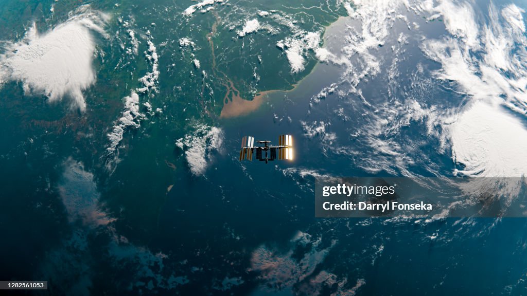 Internationale Raumstation (ISS) Umlaufbahn im All über Amazon - SpaceX & NASA Research - 3D Rendering
