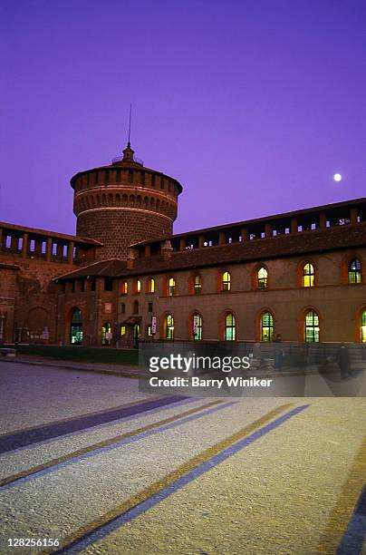 castello sforzesco at dusk, milan - milan night stock pictures, royalty-free photos & images