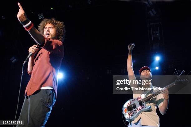 Zack De La Rocha and Tom Morello of Rage Against the Machine perform at Rock the Bells at AT&T Park on August 18, 2007 in San Francisco, California.