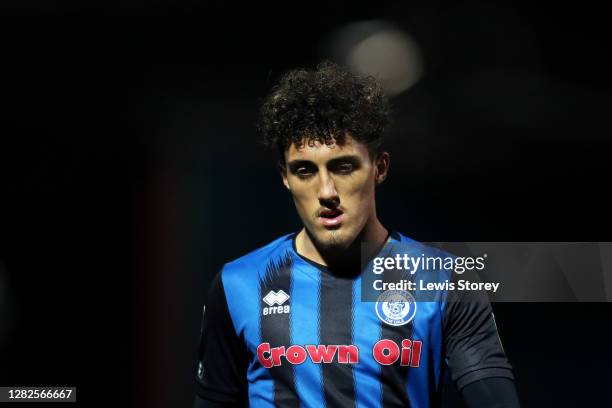 Haydon Roberts of Rochdale looks on during the Sky Bet League One match between Rochdale and Sunderland at Crown Oil Arena on October 27, 2020 in...