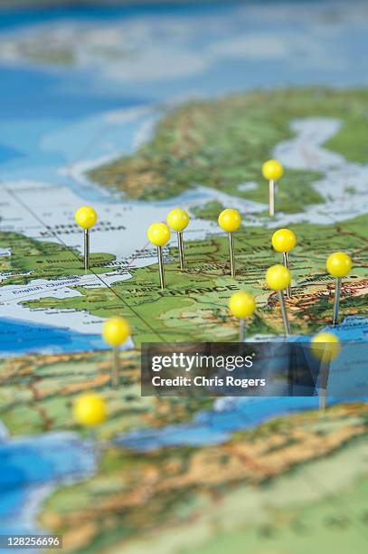 pinpoints on map of france - globe europe stock pictures, royalty-free photos & images