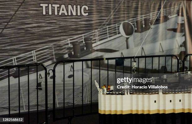 Two Lego dolls recreate the scene played by Leonardo DiCaprio and Kate Winslet at the prow of the Titanic, as part of the Lego models exhibited at...