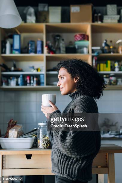 gezonde ochtend gewoonten: een jonge gemengde race vrouw drinken hete thee in de keuken - moment of silence stockfoto's en -beelden