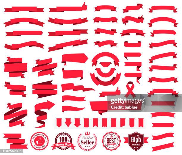 set of red ribbons, banners, badges, labels - design elements on white background - placard stock illustrations