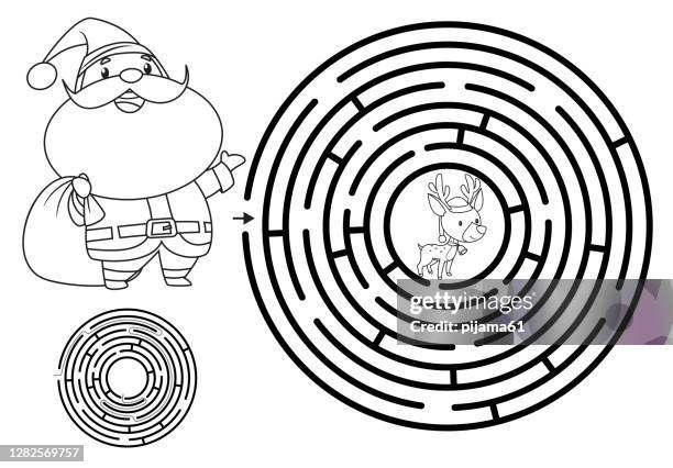maze, winter maze for children. preschool christmas activity. new year puzzle game with reindeer and santa claus. help the deer get to santa - colouring stock illustrations
