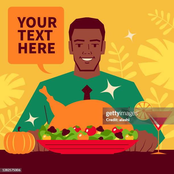 smiling handsome man enjoys dining alone this thanksgiving; table with traditional thanksgiving turkey dinner - afro male work stock illustrations