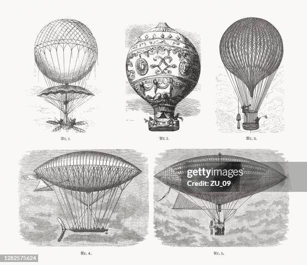 historical balloons and airships, wood engravings, published in 1893 - airship stock illustrations