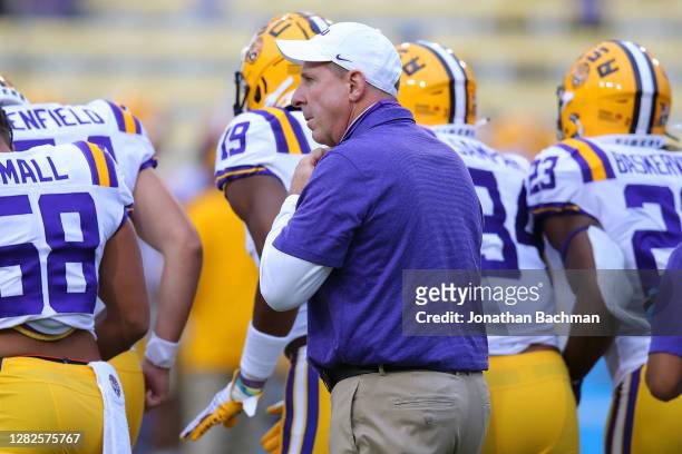Bo Pelini of the LSU Tigers reacts against the South Carolina Gamecocks during a game at Tiger Stadium on October 24, 2020 in Baton Rouge, Louisiana.