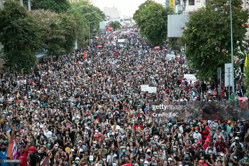 Crowds of protesters march in Bangkok, Thailand