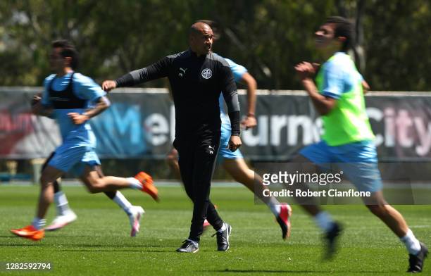 City coach Patrick Kisnorbo gestures during a Melbourne City A-League training session at City Football on October 28, 2020 in Melbourne, Australia.