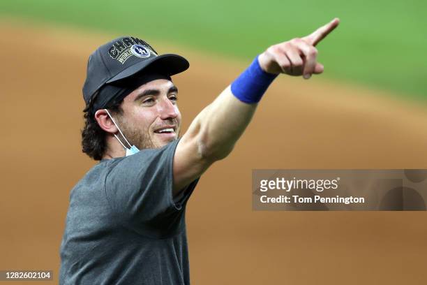 Cody Bellinger of the Los Angeles Dodgers celebrates after defeating the Tampa Bay Rays 3-1 in Game Six to win the 2020 MLB World Series at Globe...