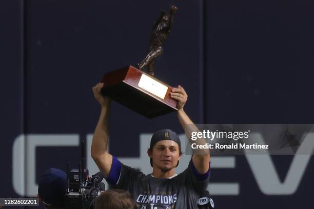 Corey Seager of the Los Angeles Dodgers is presented the Willie Mays World Series Most Valuable Player Award after defeating the Tampa Bay Rays 3-1...