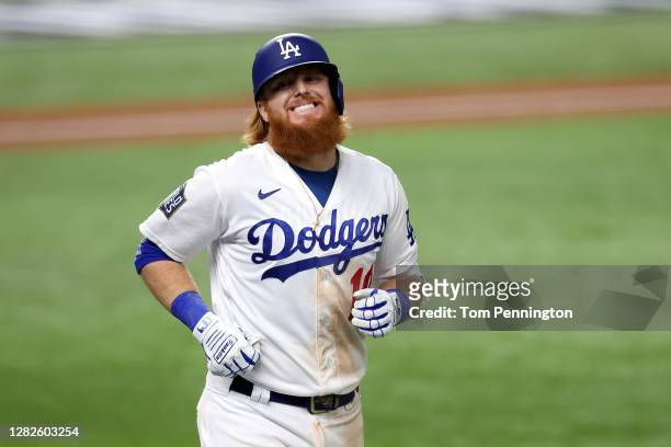 Justin Turner of the Los Angeles Dodgers reacts after flying out against the Tampa Bay Rays during the sixth inning in Game Six of the 2020 MLB World...