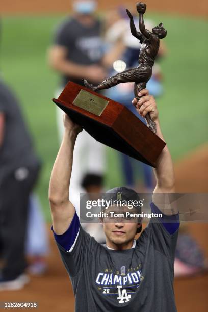 Corey Seager of the Los Angeles Dodgers is presented the Willie Mays World Series Most Valuable Player Award after defeating the Tampa Bay Rays 3-1...