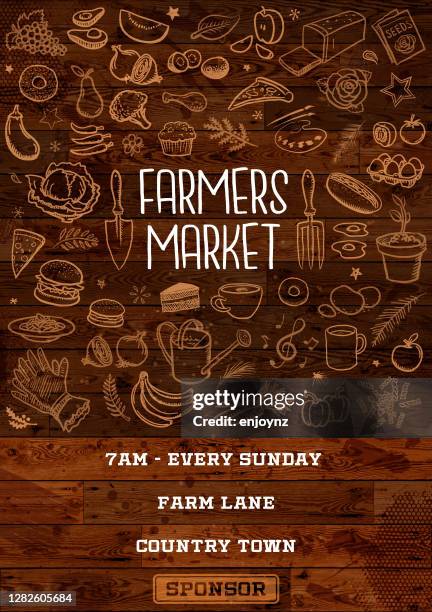 ilustrações de stock, clip art, desenhos animados e ícones de farmers market poster - madeira material