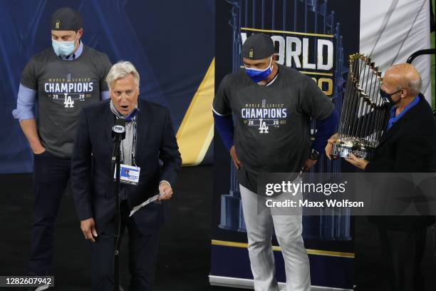 Owner Mark Walter of the Los Angeles Dodgers is interviewed after defeating the Tampa Bay Rays 3-1 in Game Six to win the 2020 MLB World Series at...