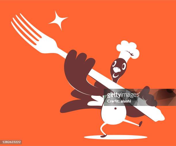 ilustraciones, imágenes clip art, dibujos animados e iconos de stock de chef de pavo de acción de gracias sosteniendo un gran tenedor - funny thanksgiving turkey